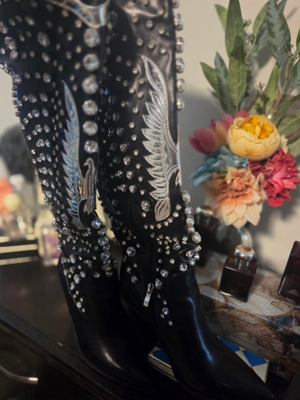 Black Crystal‑Studded Western Boots • Wing Embroidery • Statement Cowgirl Boot